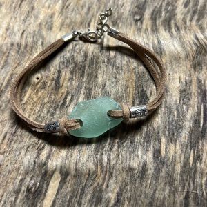 Aqua sea glass and vegan suede bracelet